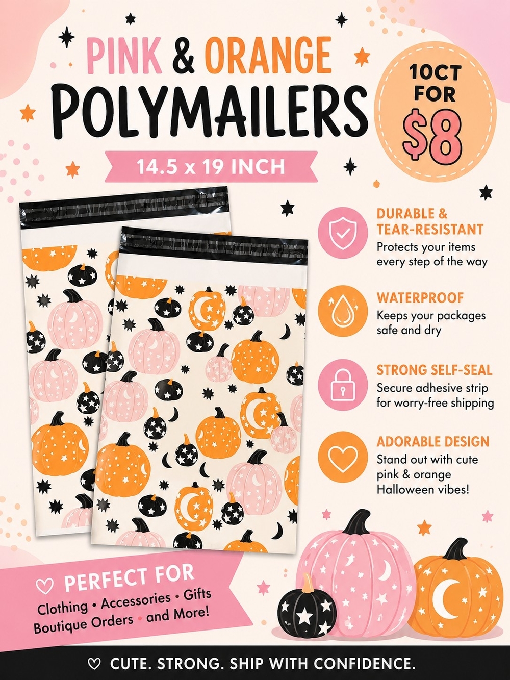 Pink & Orange Halloween Pumpkin Polymailers - 10 Pack - Picture 1 of 2